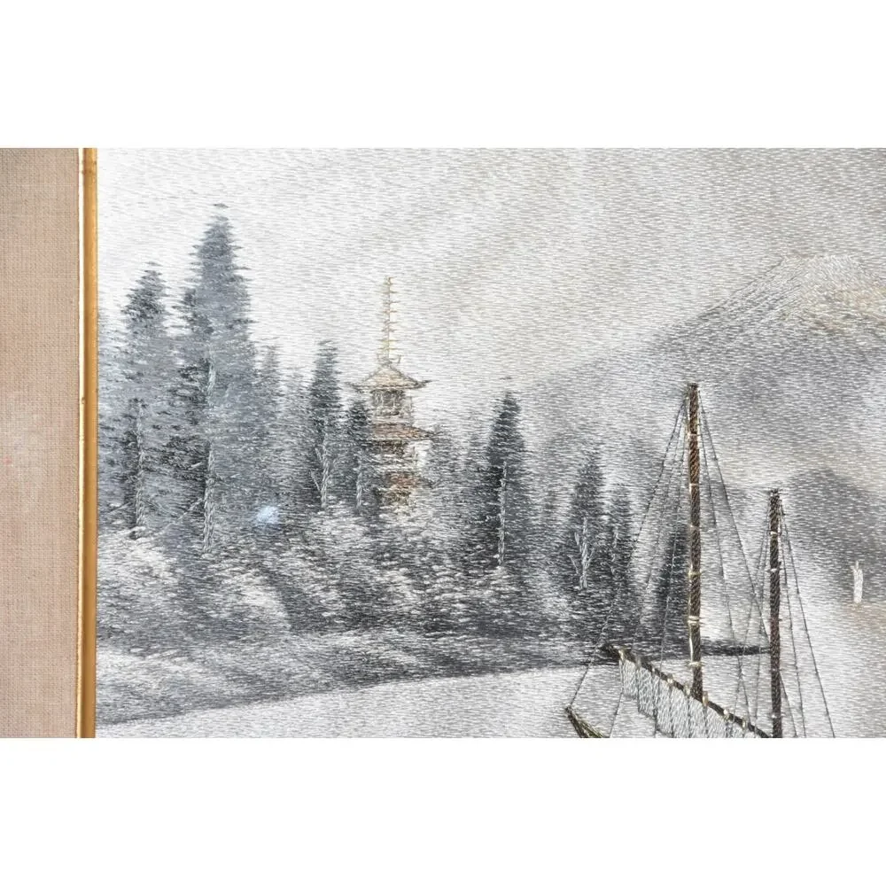 Japanese Landscape Mount Fuji Hand Stitched Silk Embroidery Framed Art